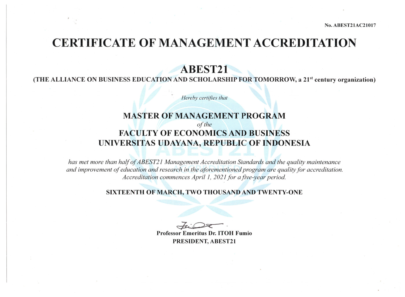 Sertifikat Akreditasi Internasional Program Sarjana Manajemen FEB Universitas Udayana